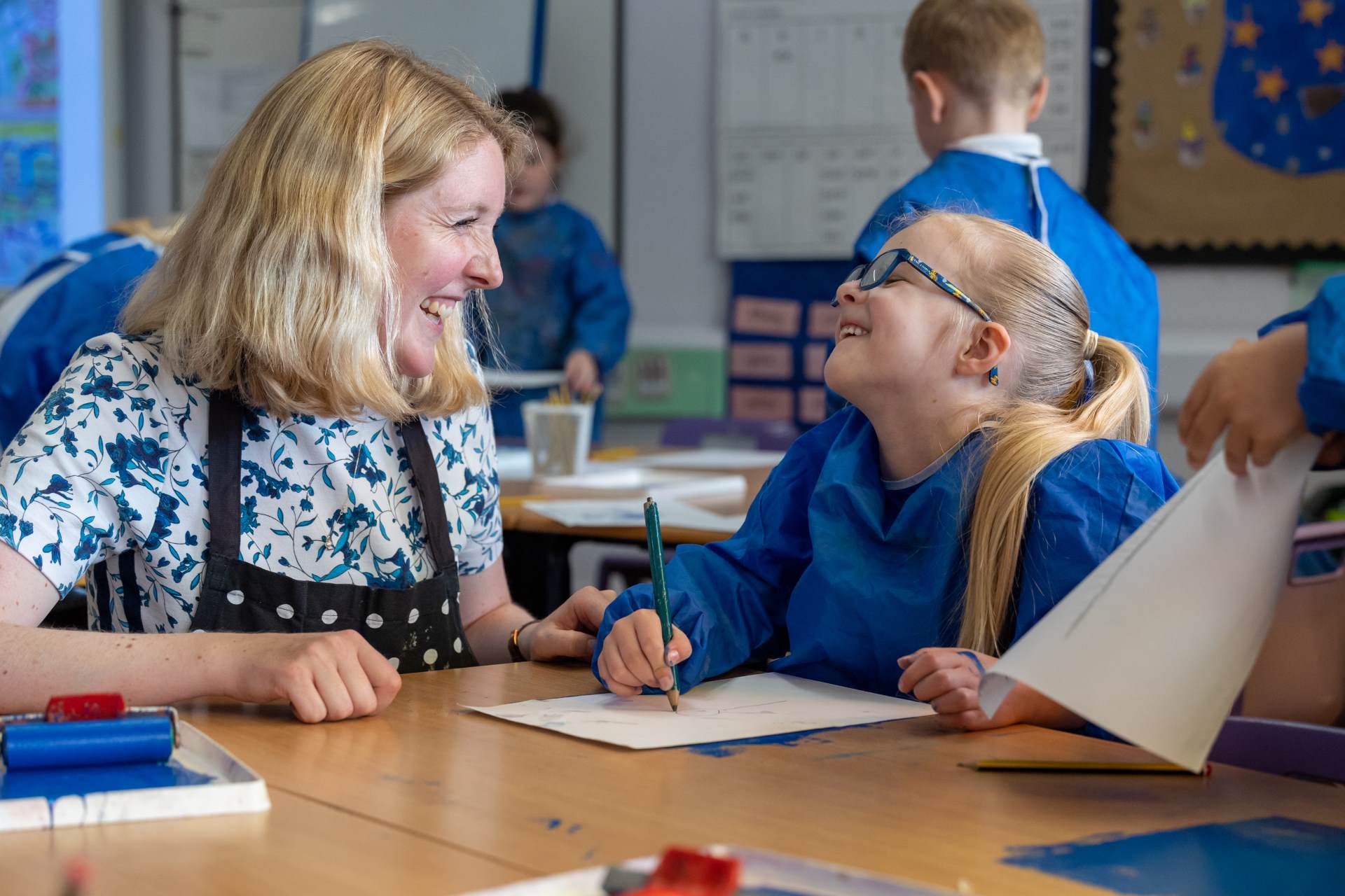 teacher and student at Castle Primary in Keynsham